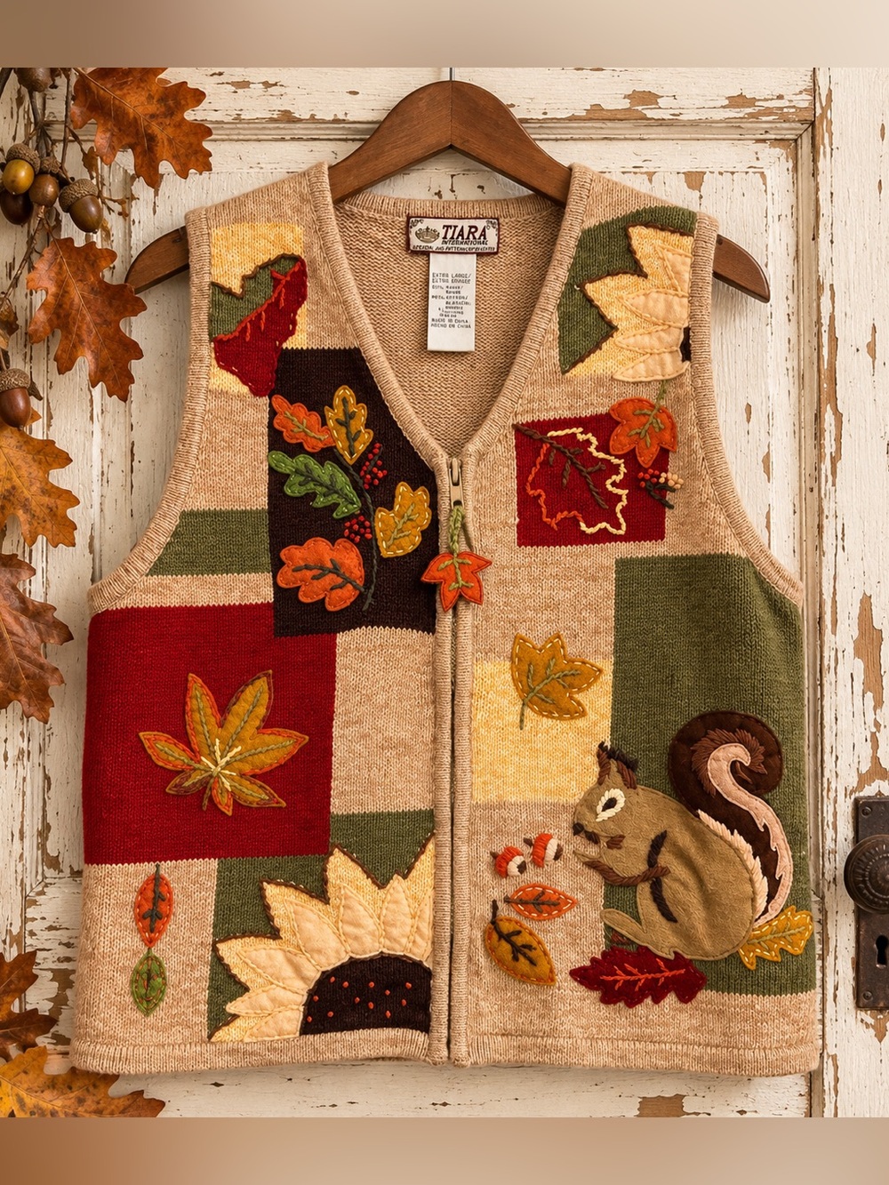 Vintage 90s Tiara Autumn Squirrel Patchwork Sweater Vest XL Grandmacore